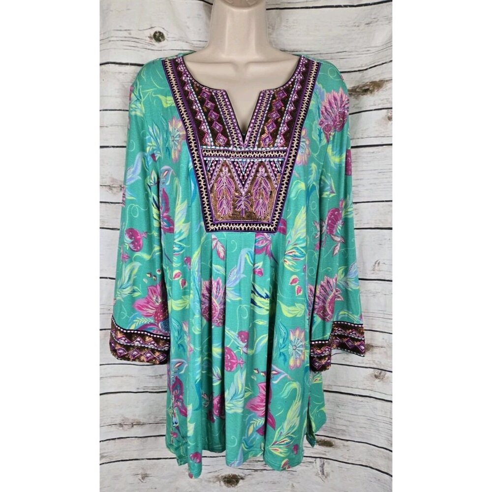 Soft Surroundings Green Floral Sequin Embroidered Top L Tunic Rayon Knit